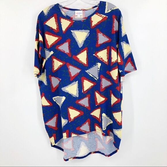 LuLaRoe Womens Irma Tunic Top Size XS Blue & Red Triangle Print High Low Tee NWT - Picture 1 of 9